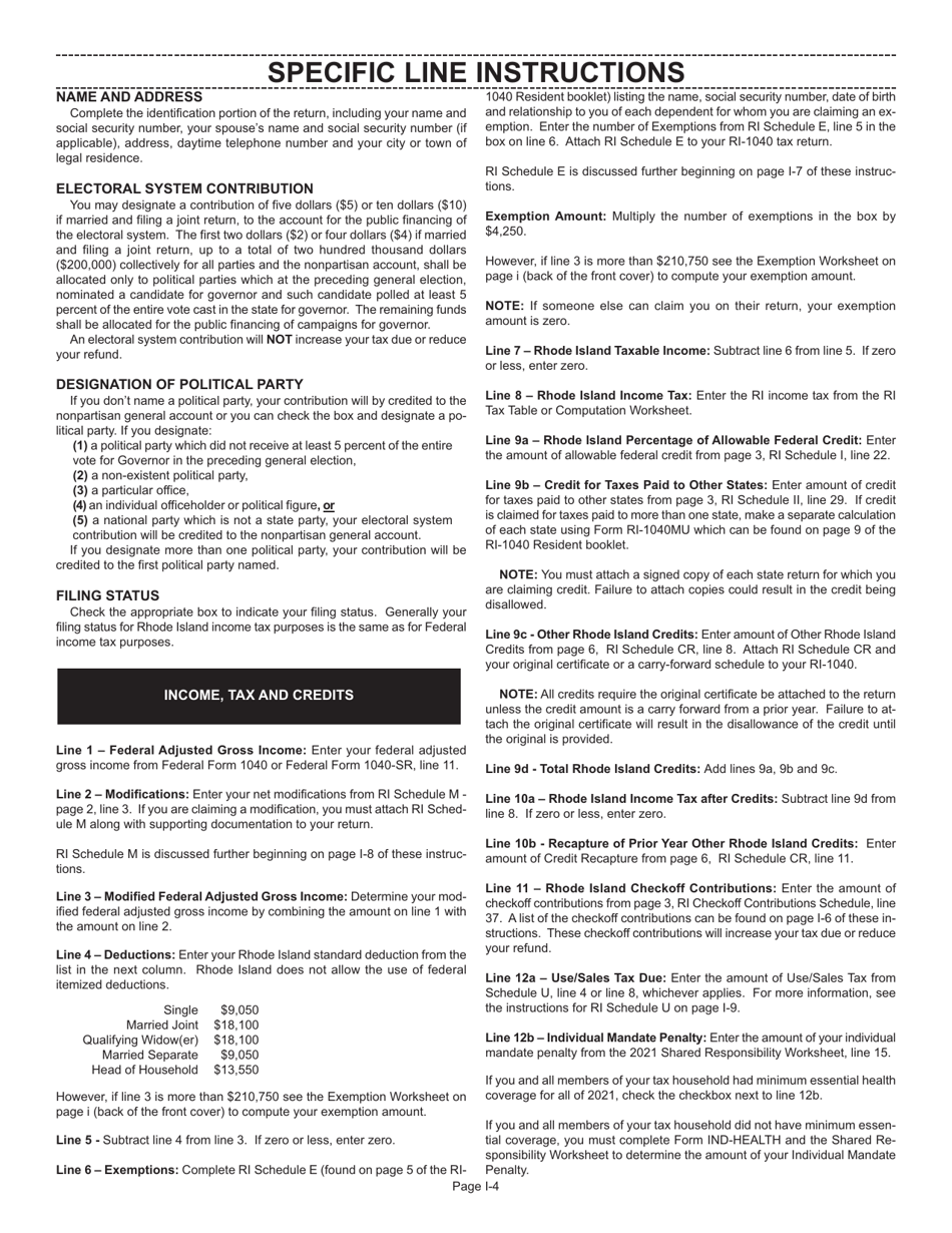 Instructions for Form RI-1040 Resident Individual Income Tax Return - Rhode Island, Page 4