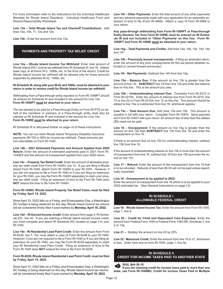 Instructions for Form RI-1040 Resident Individual Income Tax Return - Rhode Island, Page 5