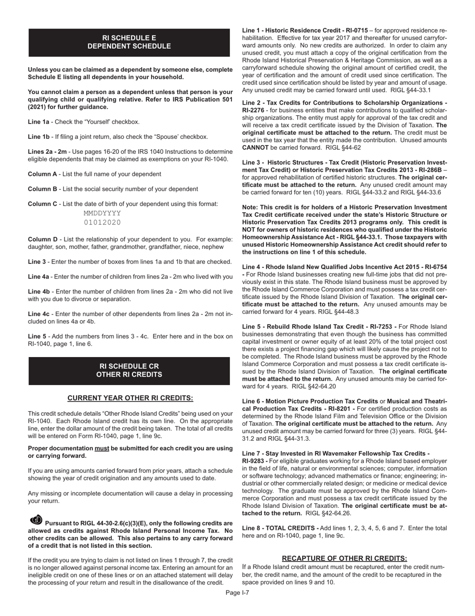 Instructions for Form RI-1040 Resident Individual Income Tax Return - Rhode Island, Page 7
