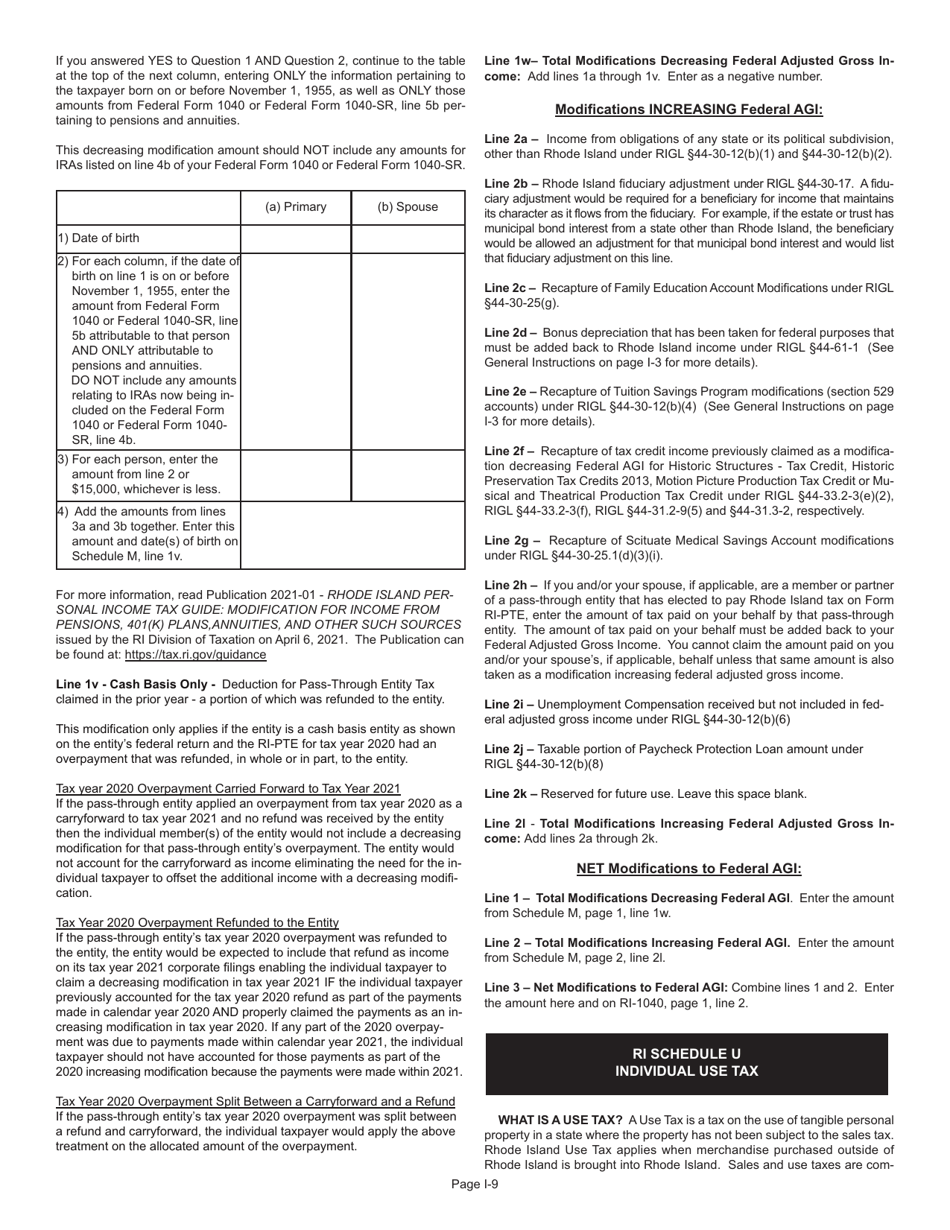 Instructions for Form RI-1040 Resident Individual Income Tax Return - Rhode Island, Page 9