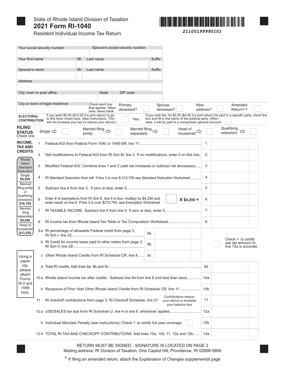 Form RI-1040 Resident Individual Income Tax Return - Rhode Island, Page 1