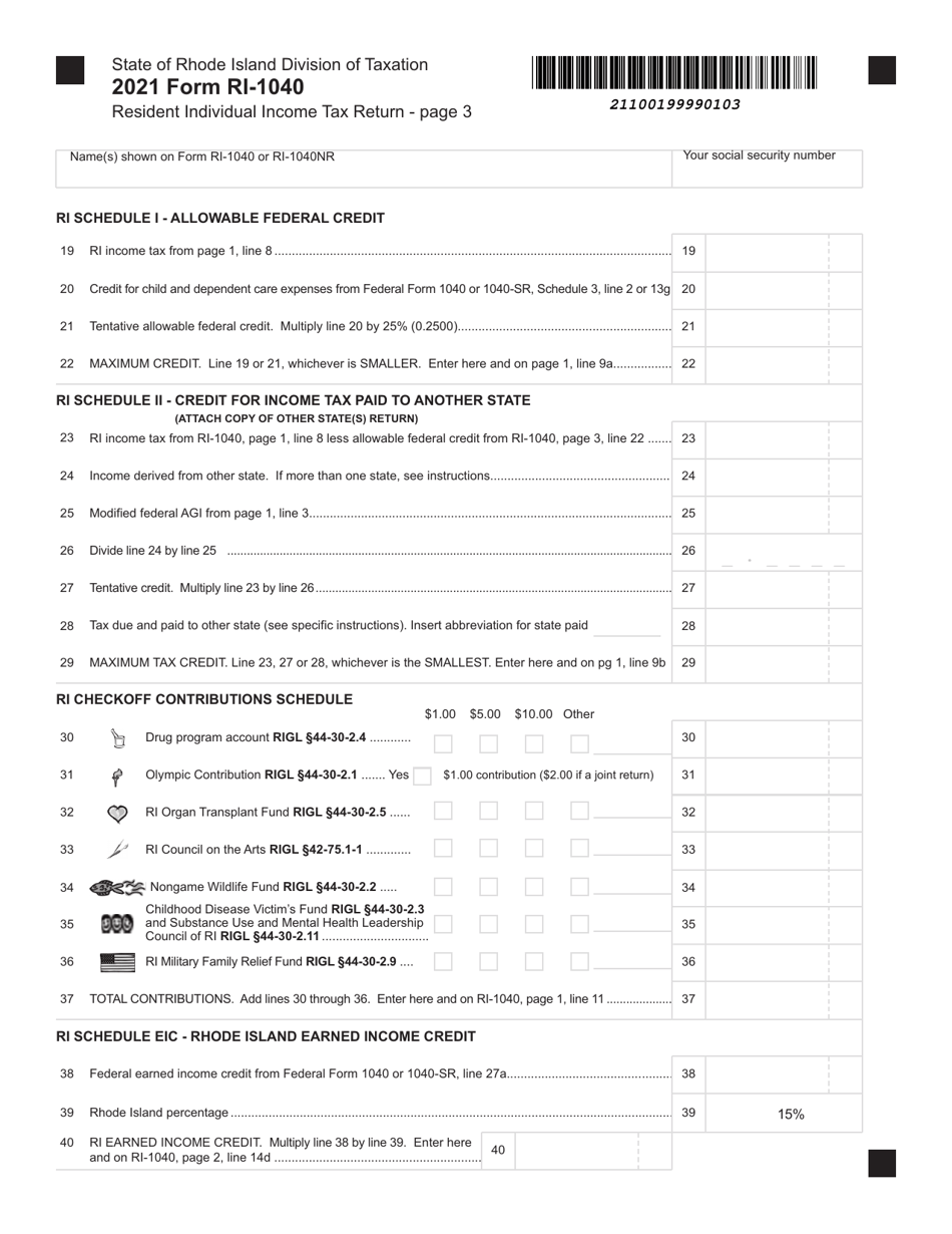 Form RI-1040 Resident Individual Income Tax Return - Rhode Island, Page 3