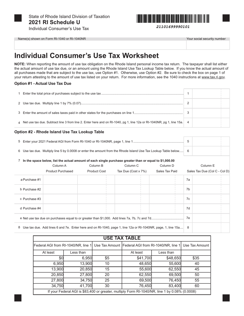 Schedule U Individual Consumers Use Tax Worksheet - Rhode Island, Page 1