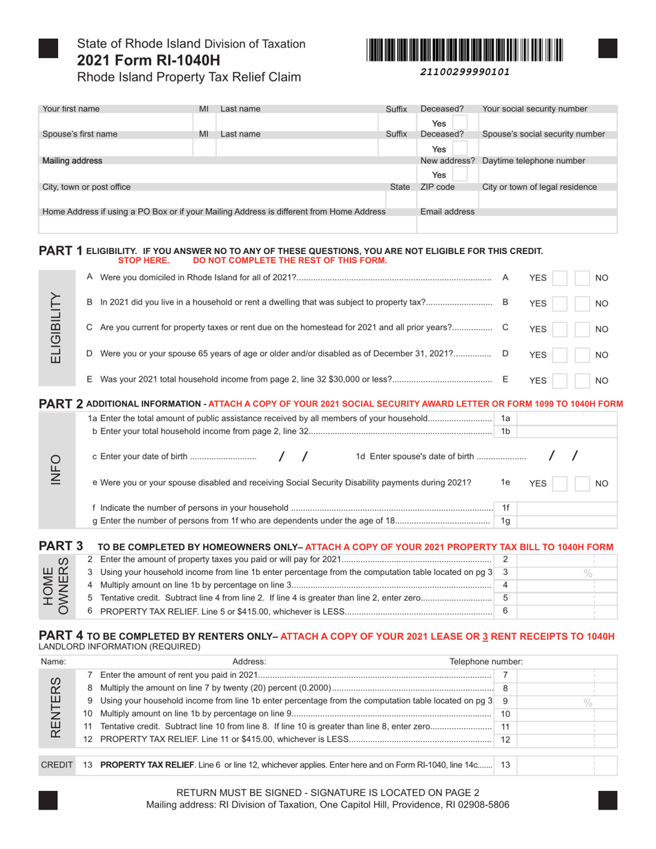 Form RI1040H 2021 Fill Out, Sign Online and Download Fillable PDF