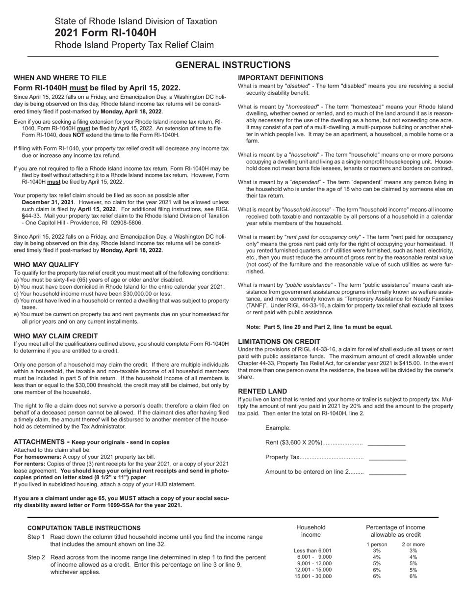 Form RI-1040H Rhode Island Property Tax Relief Claim - Rhode Island, Page 3