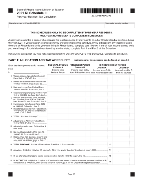2021 Rhode Island PartYear Resident Tax Calculation Fill Out, Sign