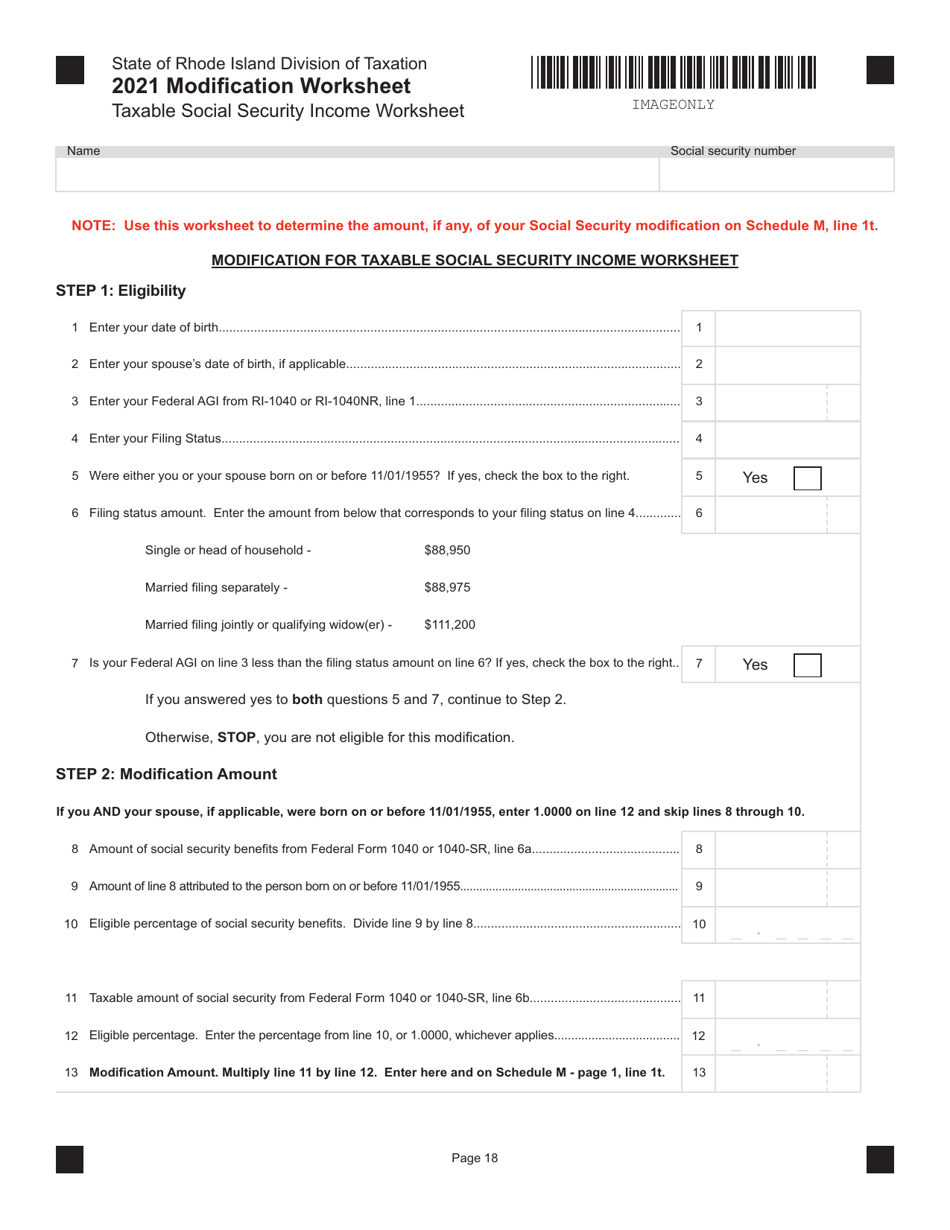 Taxable Social Security Income Worksheet - Rhode Island, Page 1