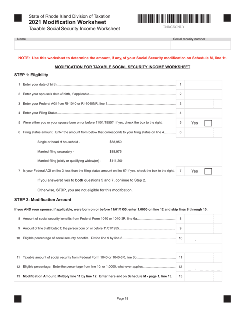 Taxable Social Security Income Worksheet - Rhode Island Download Pdf