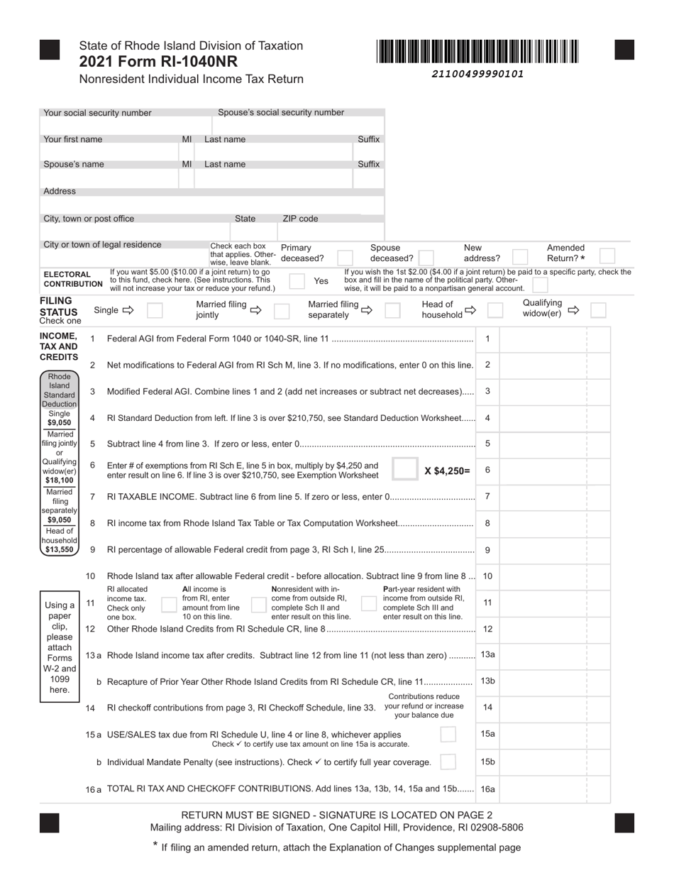 Form RI-1040NR Nonresident Individual Income Tax Return - Rhode Island, Page 1