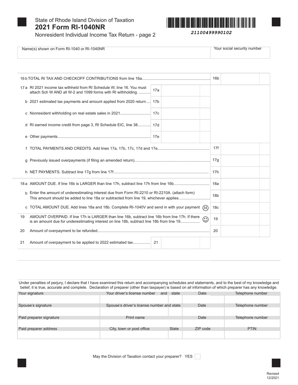 Form RI-1040NR - 2021 - Fill Out, Sign Online And Download Fillable PDF ...