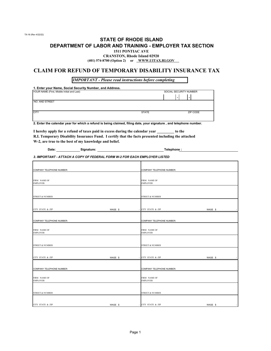 Form TX-16 Claim for Refund of Temporary Disability Insurance Tax - Rhode Island, Page 1