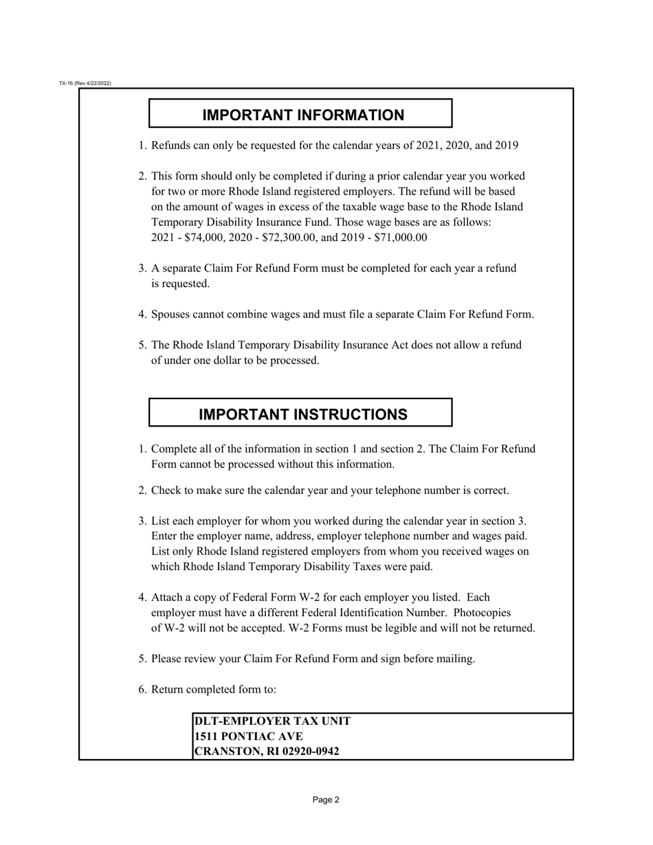 Form TX-16 Claim for Refund of Temporary Disability Insurance Tax - Rhode Island, Page 2