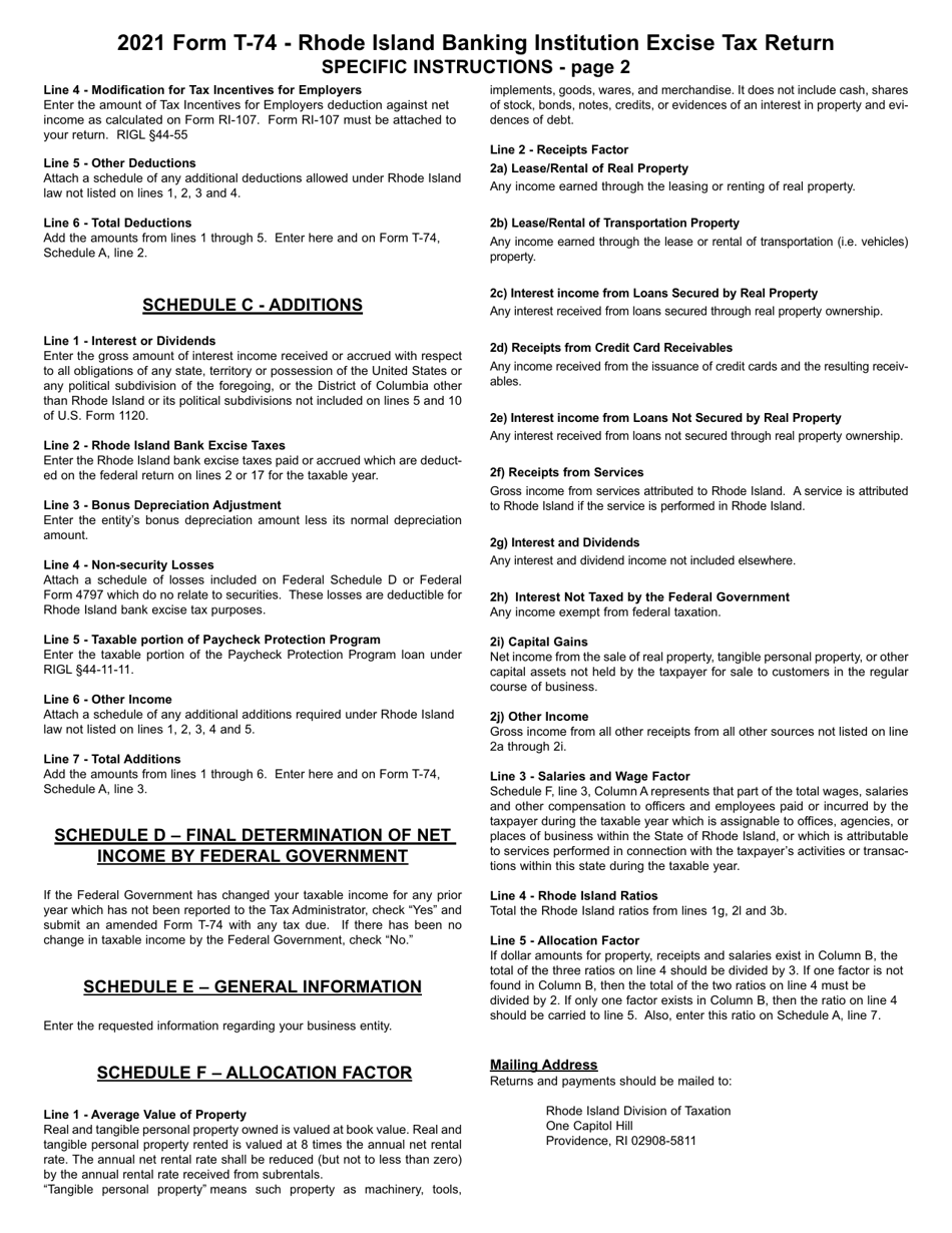 Instructions for Form T-74 Banking Institution Excise Tax Return - Rhode Island, Page 2