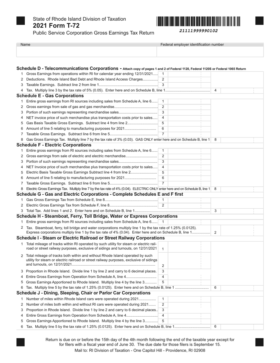 Form T-72 Public Service Corporation Gross Earnings Tax Return - Rhode Island, Page 2