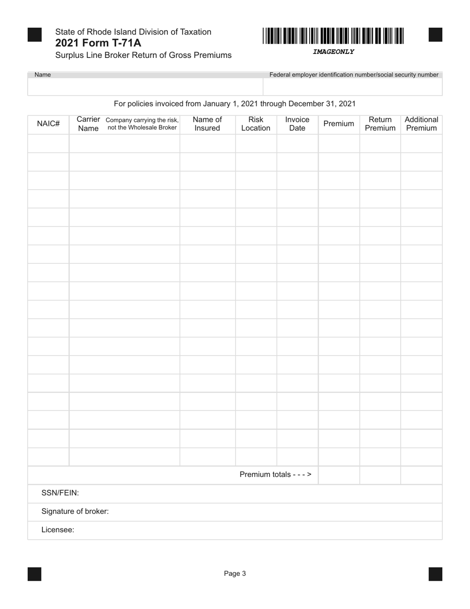 Form T-71A Surplus Line Broker Return of Gross Premiums - Rhode Island, Page 3