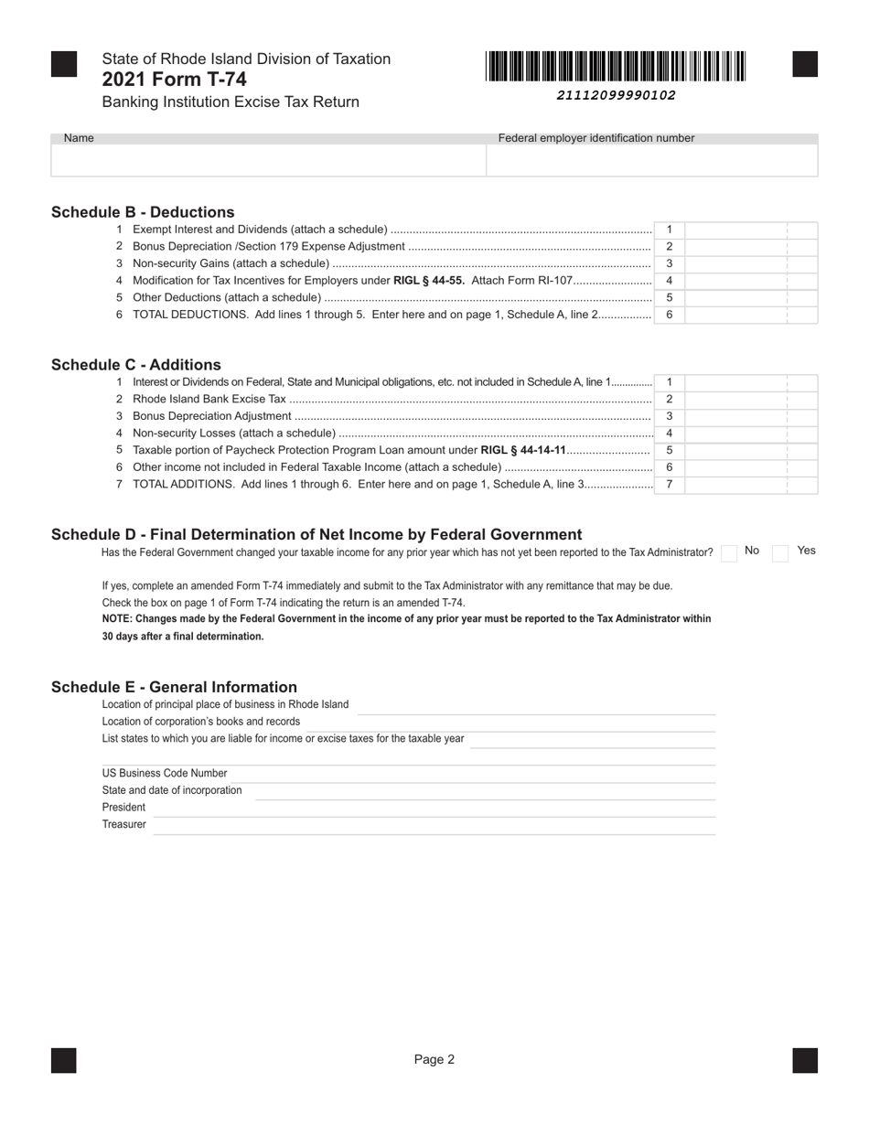 Form T-74 Banking Institution Excise Tax Return - Rhode Island, Page 2