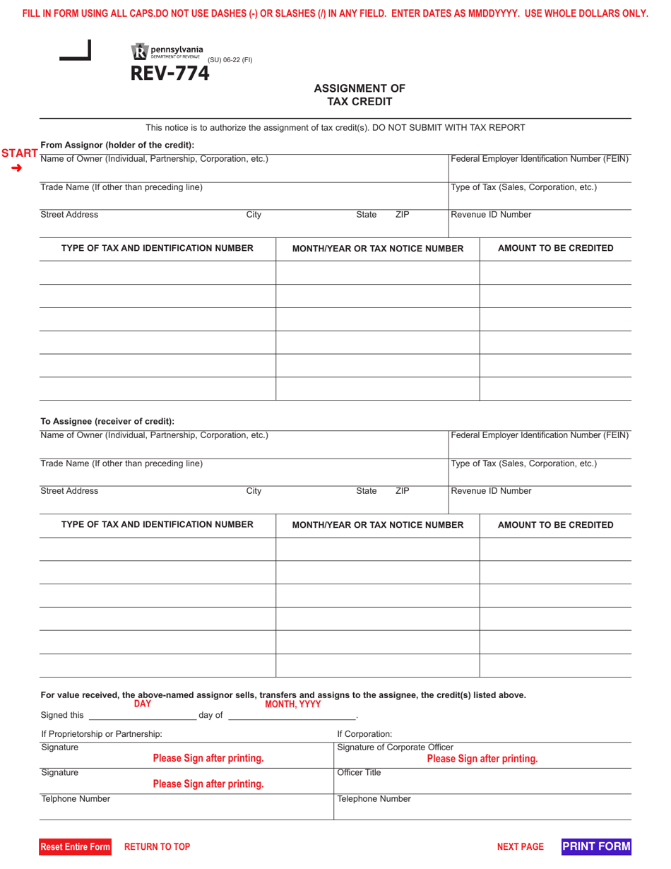Form REV-774 Assignment of Tax Credit - Pennsylvania, Page 1