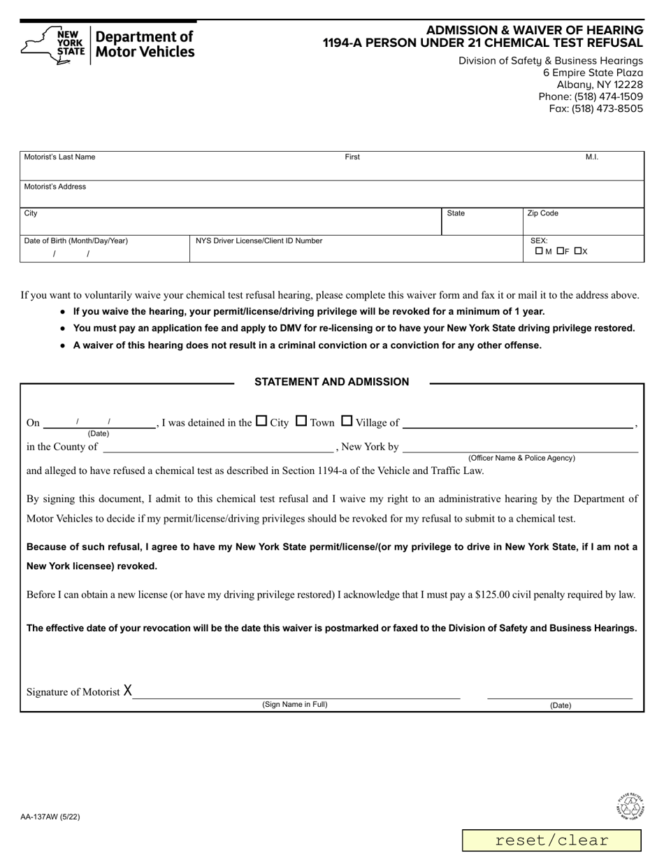 Form AA-137AW Admission  Waiver of Hearing 1194-a Person Under 21 Chemical Test Refusal - New York, Page 1