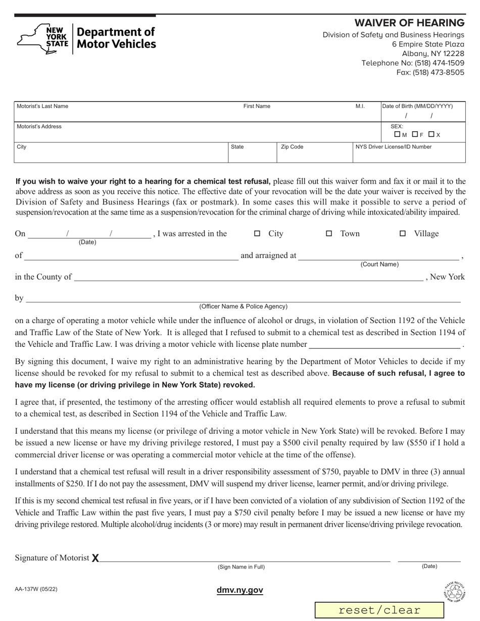 Form AA-137W Waiver of Hearing - New York, Page 1