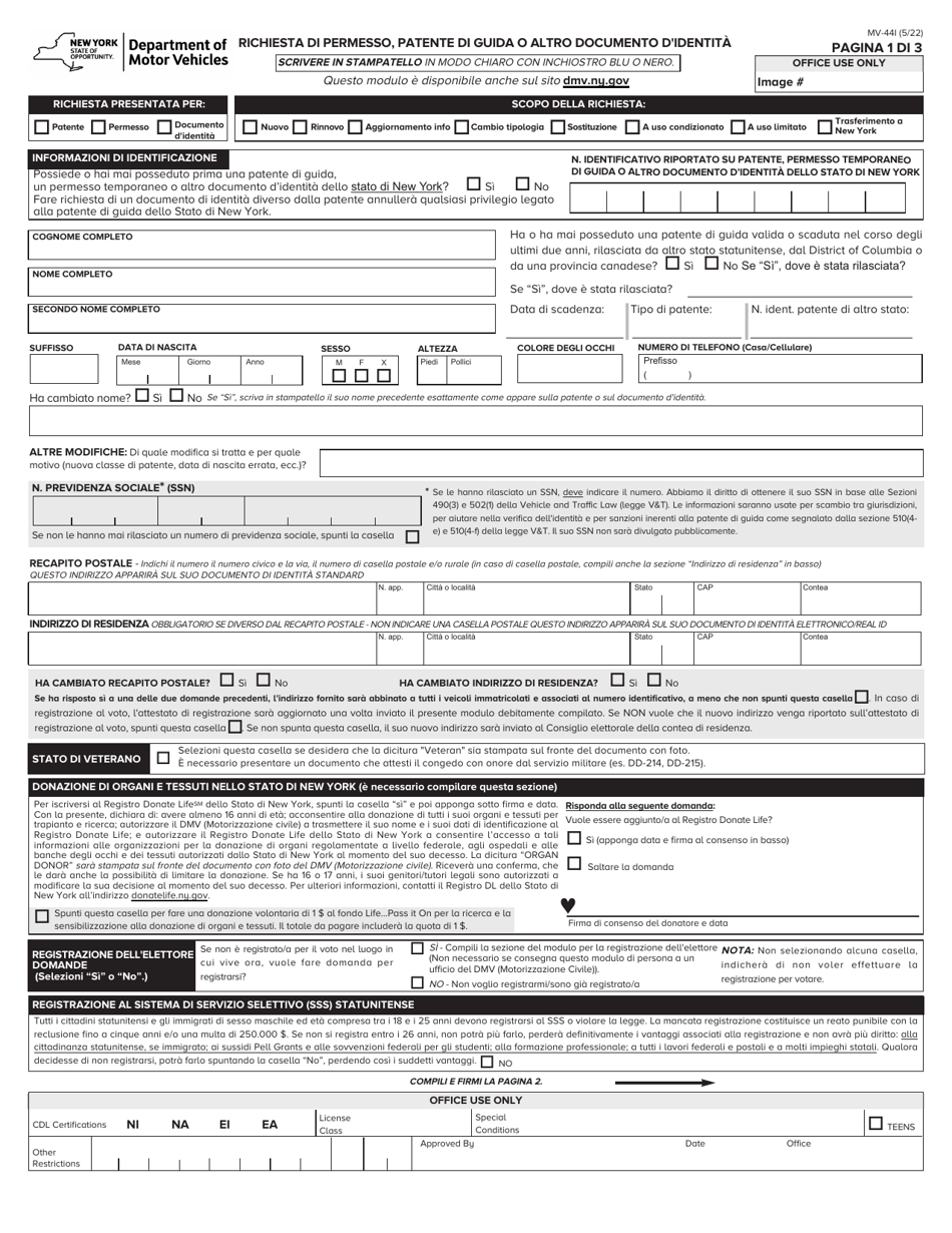 Form MV-44I Application for Permit, Driver License or Non-driver Id Card - New York (Italian), Page 1