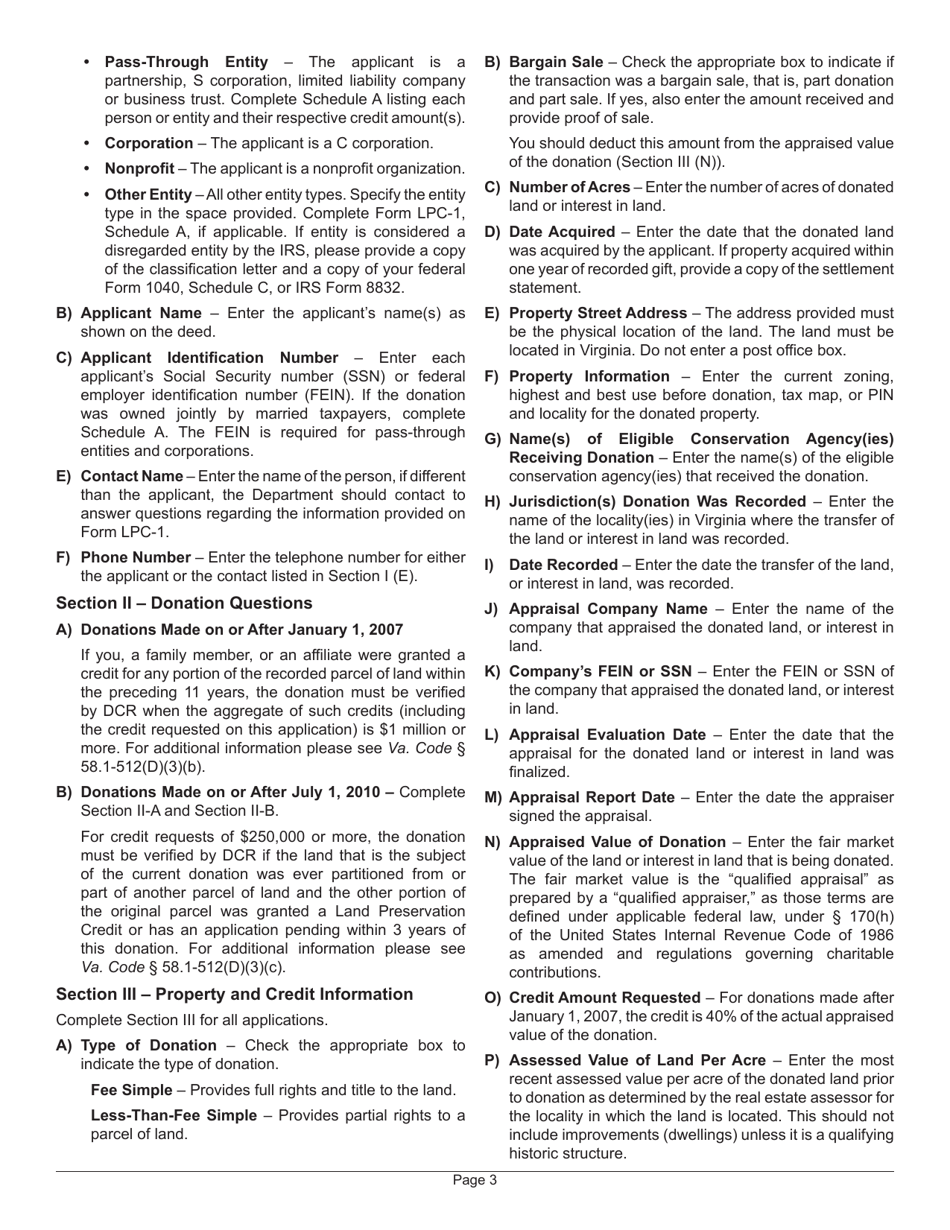 Instructions for Form LPC-1 Application for a Land Preservation Credit - Virginia, Page 3