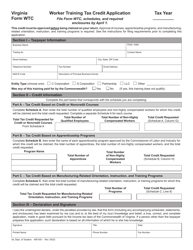 Form WTC Worker Training Tax Credit Application - Virginia
