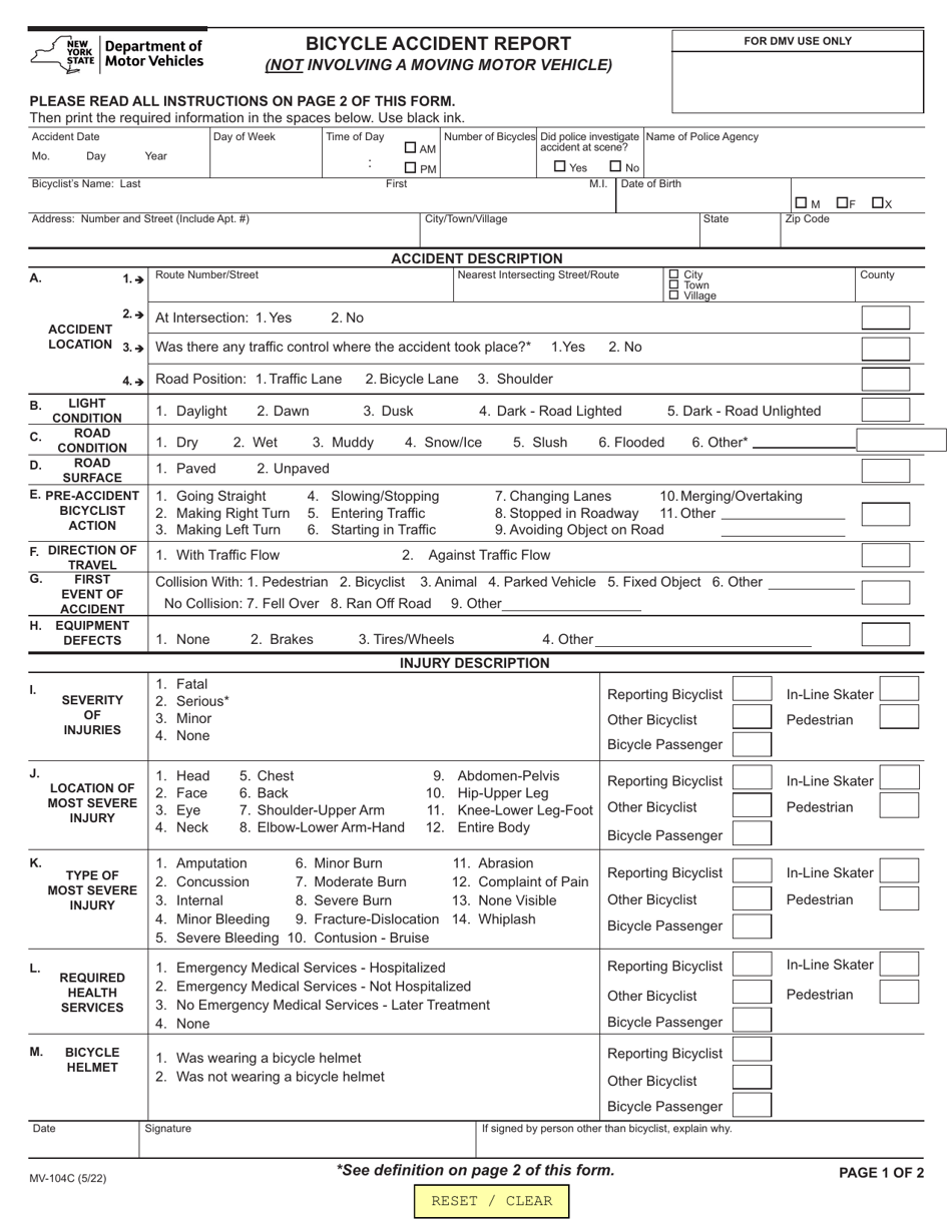 Form MV-104C Bicycle Accident Report - New York, Page 1