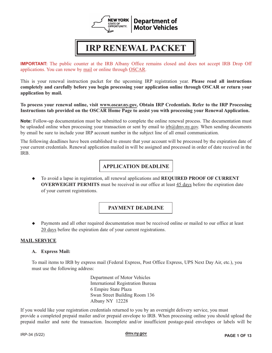 Form IRP-34 Irp Renewal Packet - New York, Page 1