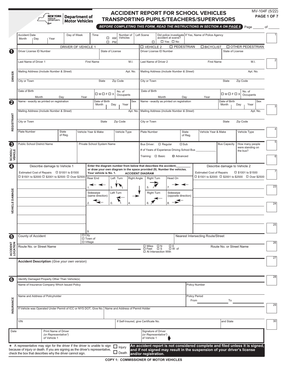 Form MV-104F Accident Report for School Vehicles Transporting Pupils / Teachers / Supervisors - New York, Page 1