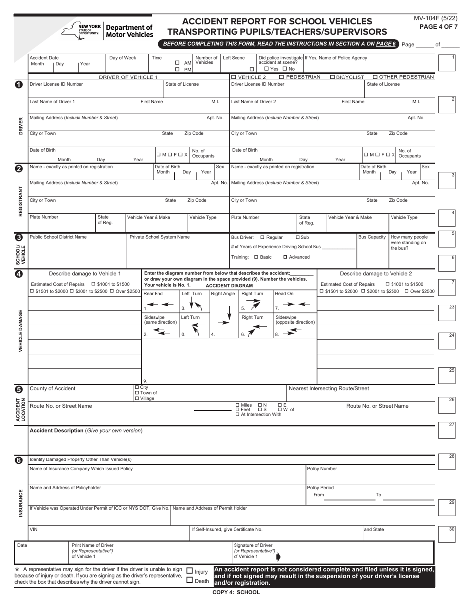 Form MV-104F Accident Report for School Vehicles Transporting Pupils / Teachers / Supervisors - New York, Page 4