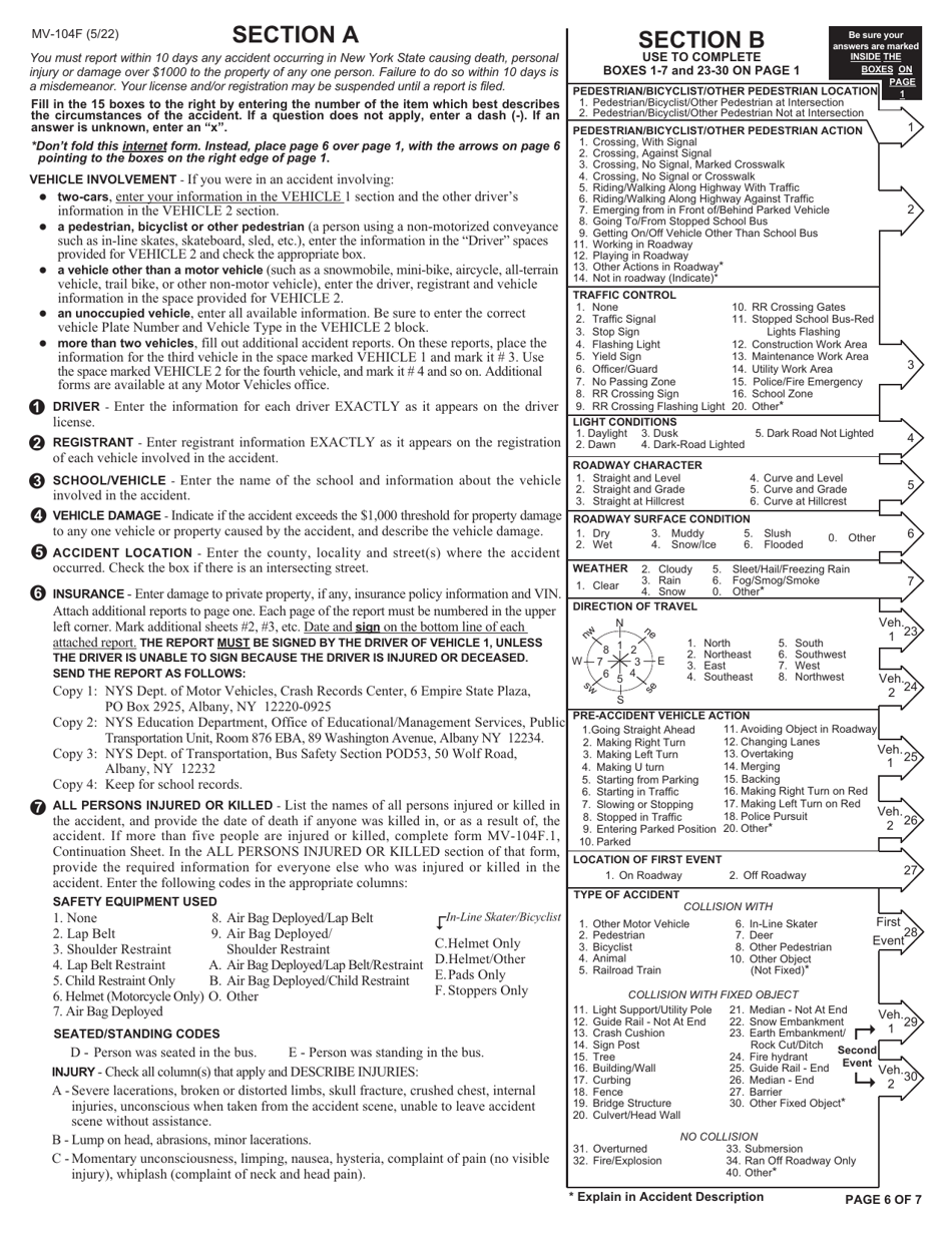 Form MV-104F Accident Report for School Vehicles Transporting Pupils / Teachers / Supervisors - New York, Page 6