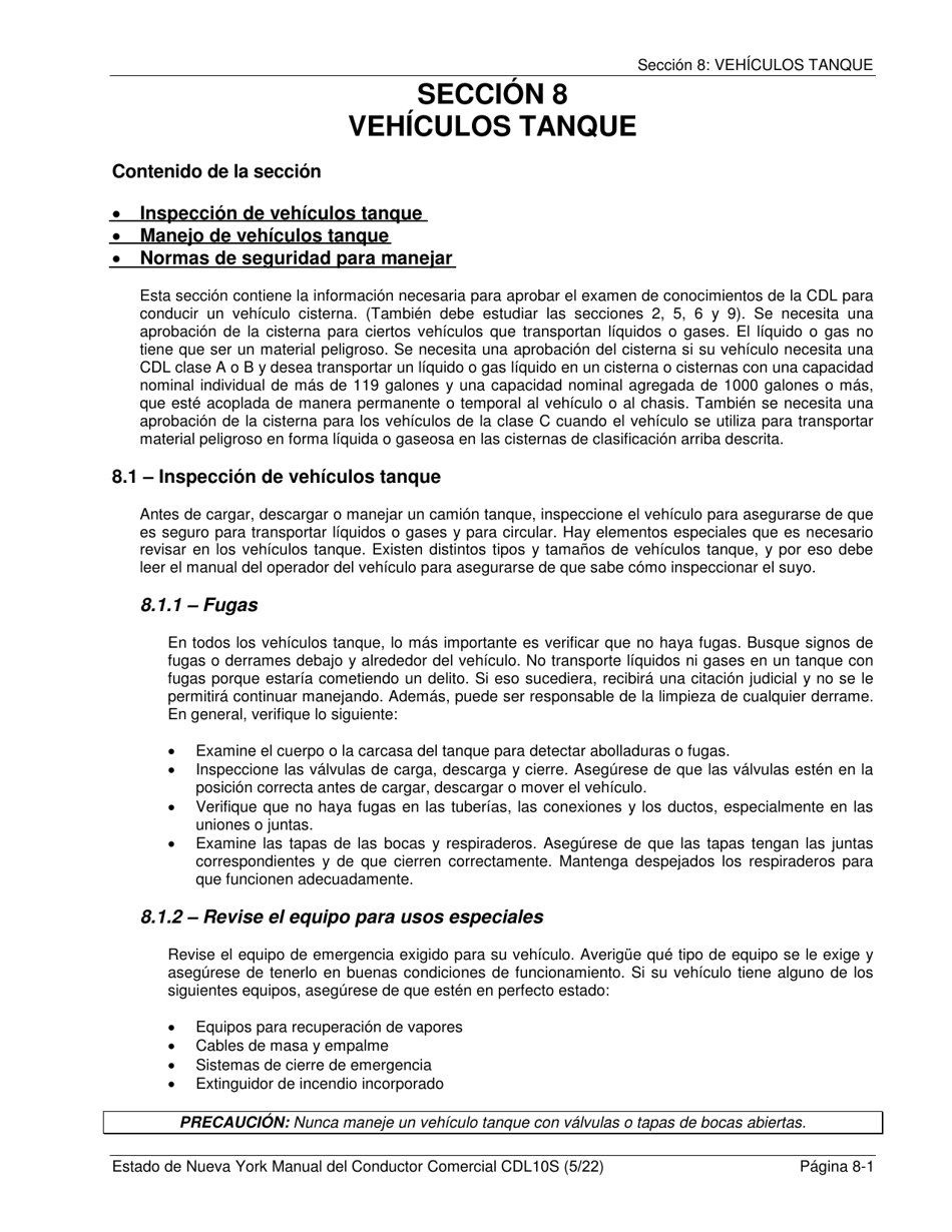 Formulario CDL10S Seccion 8 Prueba De Endoso De Vehiculos Cisterna - New York (Spanish), Page 1