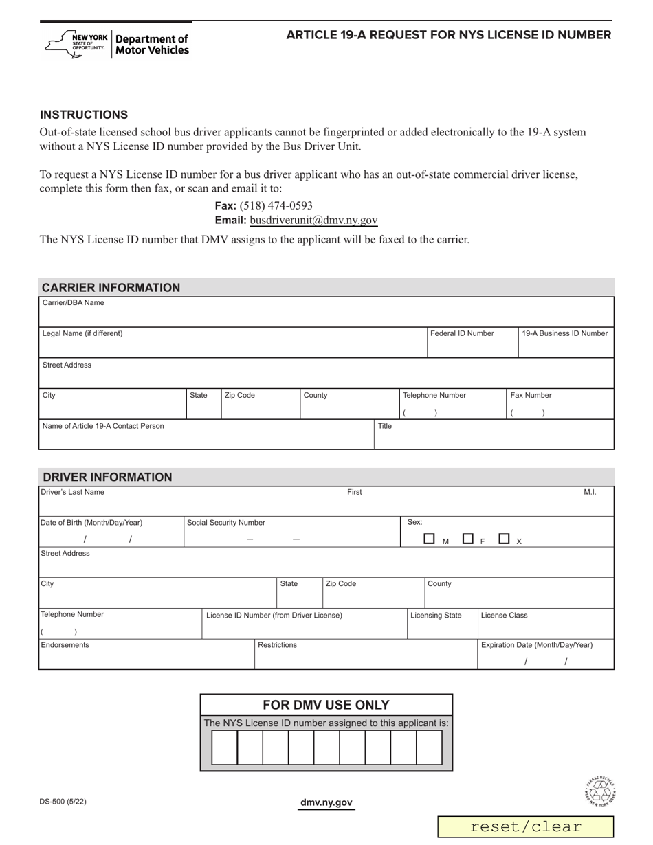 Form DS-500 Article 19-a Request for NYS License Id Number - New York, Page 1