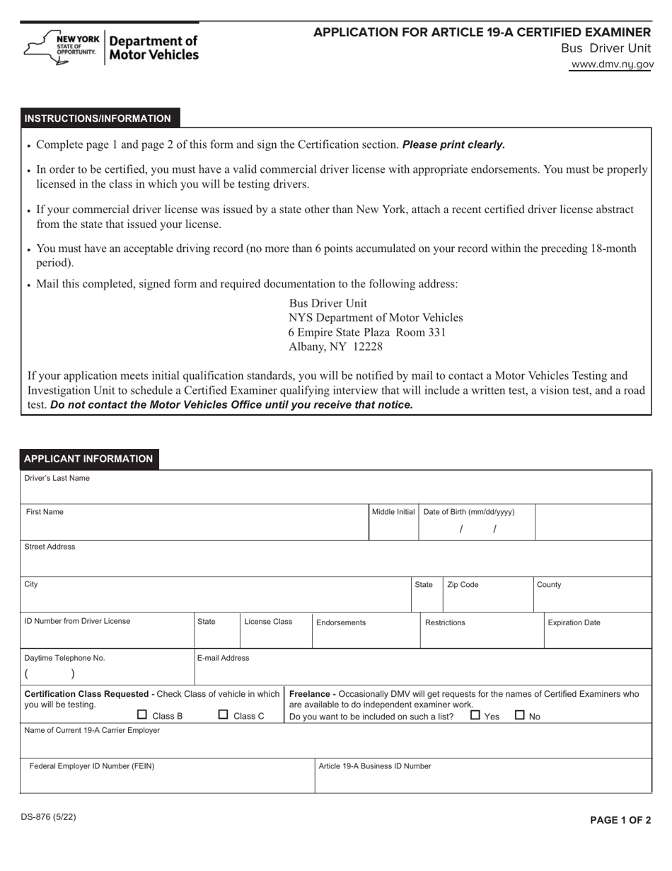 Form DS-876 Application for Article 19-a Certified Examiner - New York, Page 1
