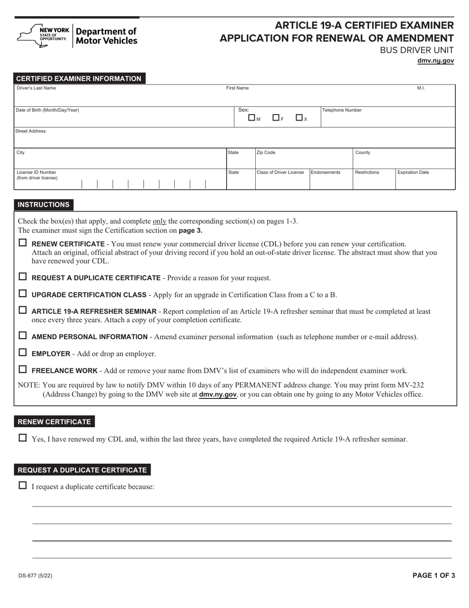 Form DS-877 Article 19-a Certified Examiner Application for Renewal or Amendment - New York, Page 1