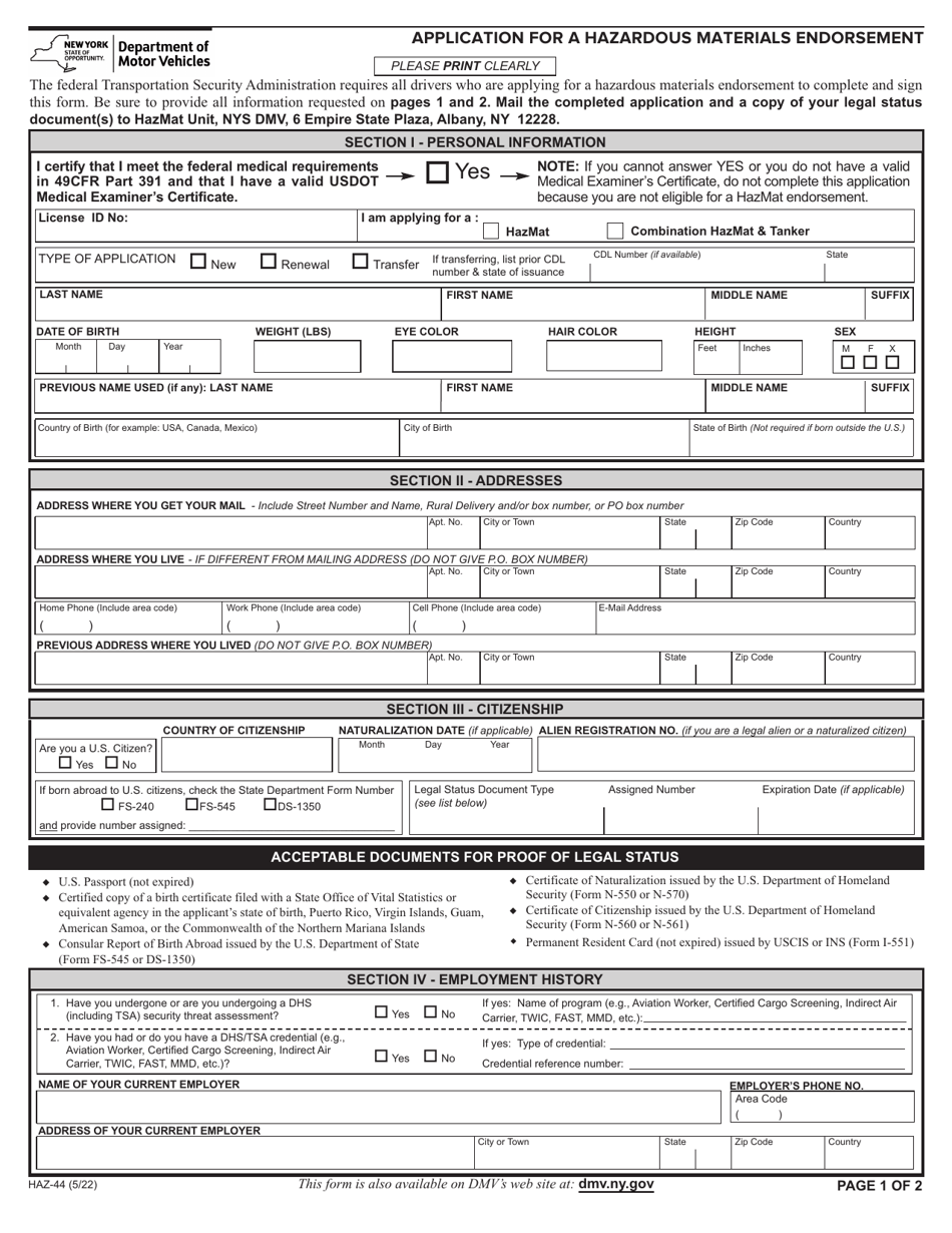 Form HAZ-44 Application for a Hazardous Materials Endorsement - New York, Page 1