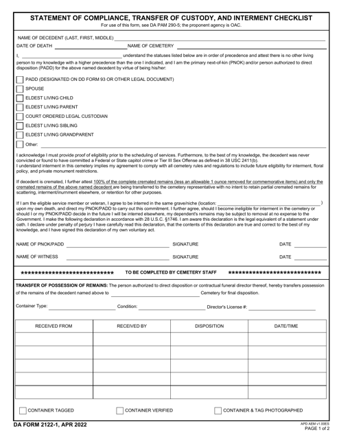 DA Form 2122-1  Printable Pdf