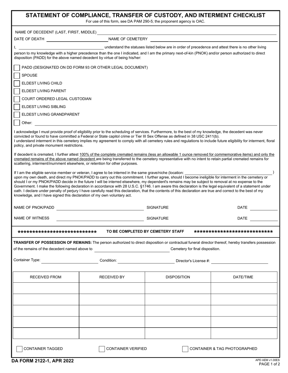 DA Form 2122-1 Download Fillable PDF or Fill Online Statement of Compliance, Transfer of Custody, and Interment Checklist 2020 — 2024 | Templateroller