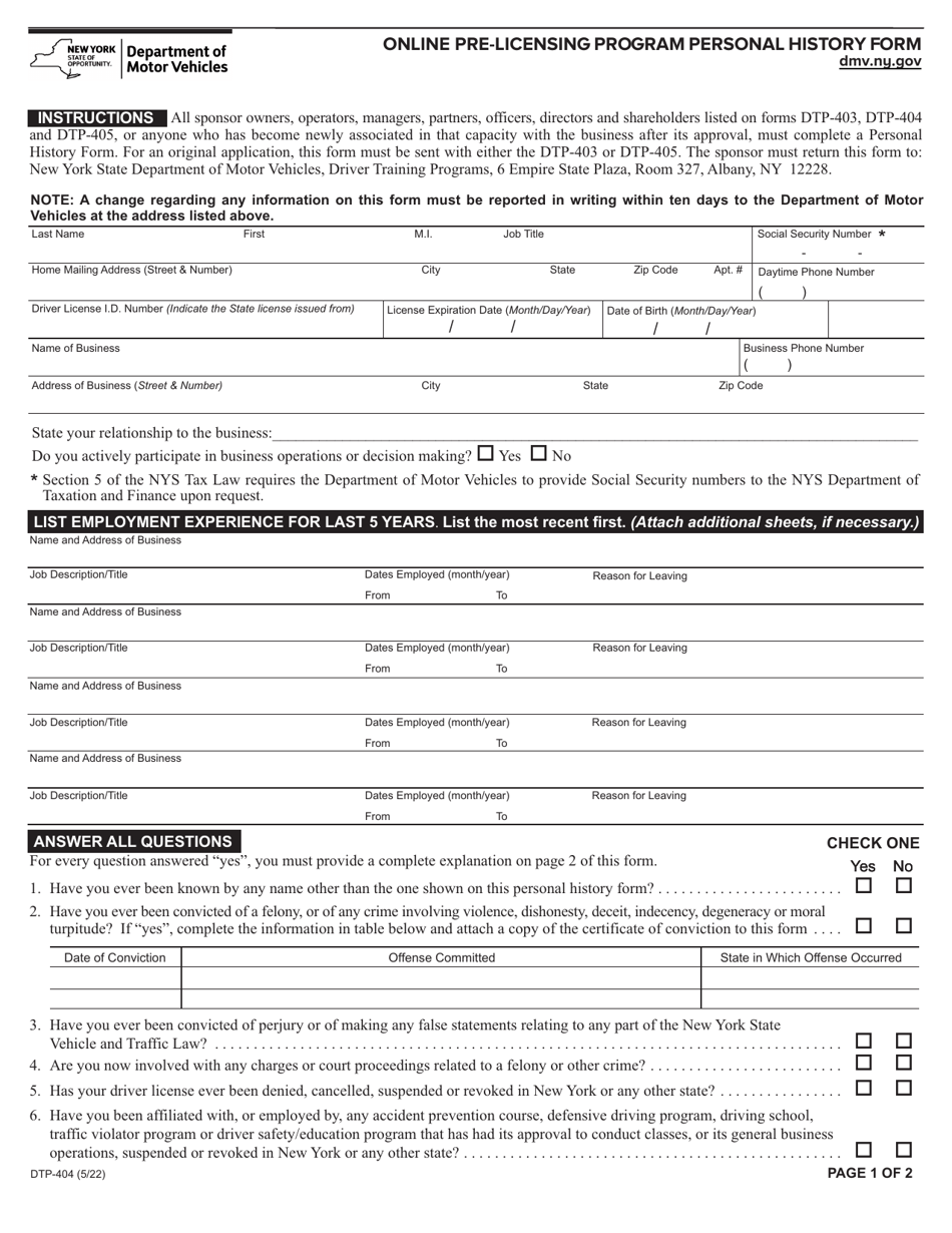 Form DTP-404 Online Pre-licensing Program Personal History Form - New York, Page 1