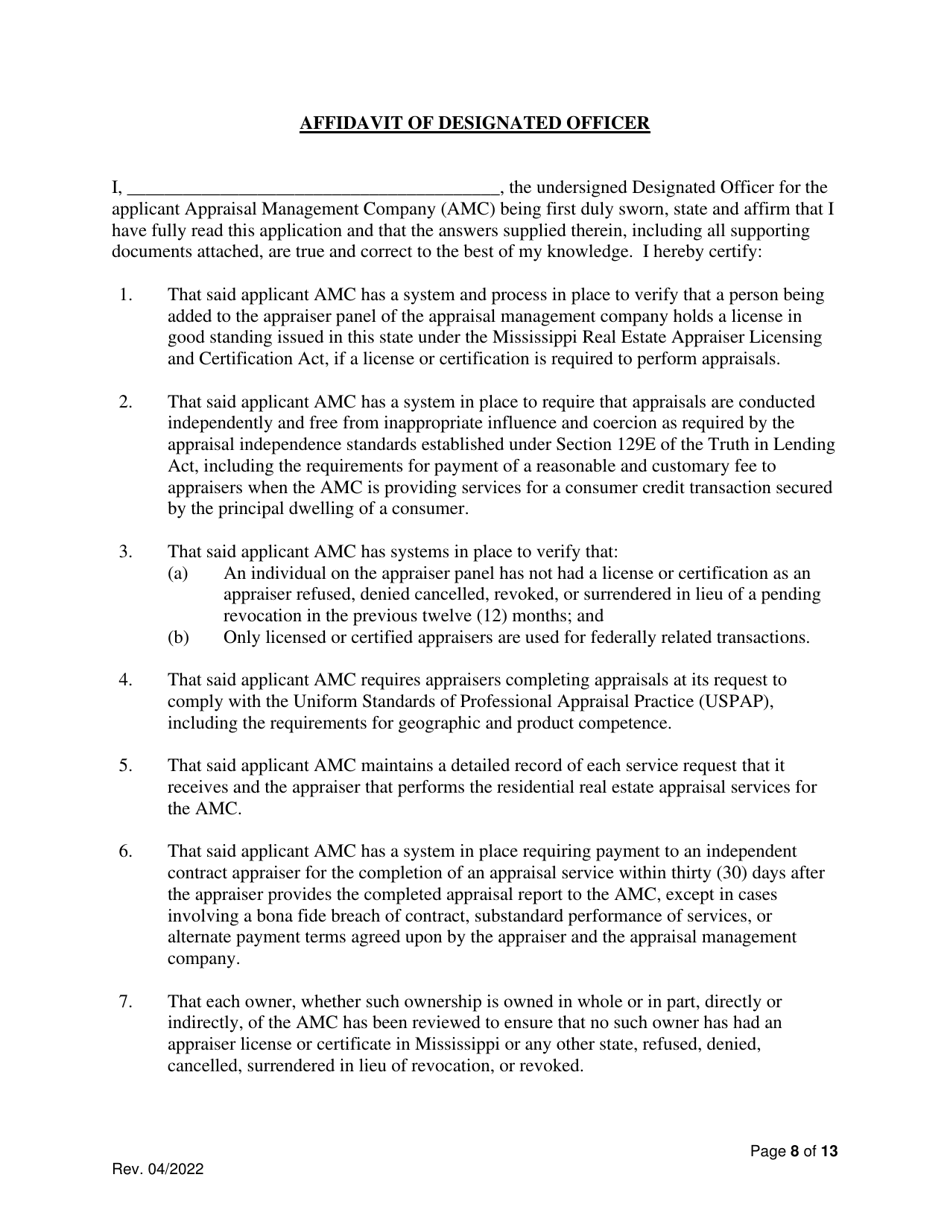 Application for Registration of an Appraisal Management Company (AMC) - Mississippi, Page 8