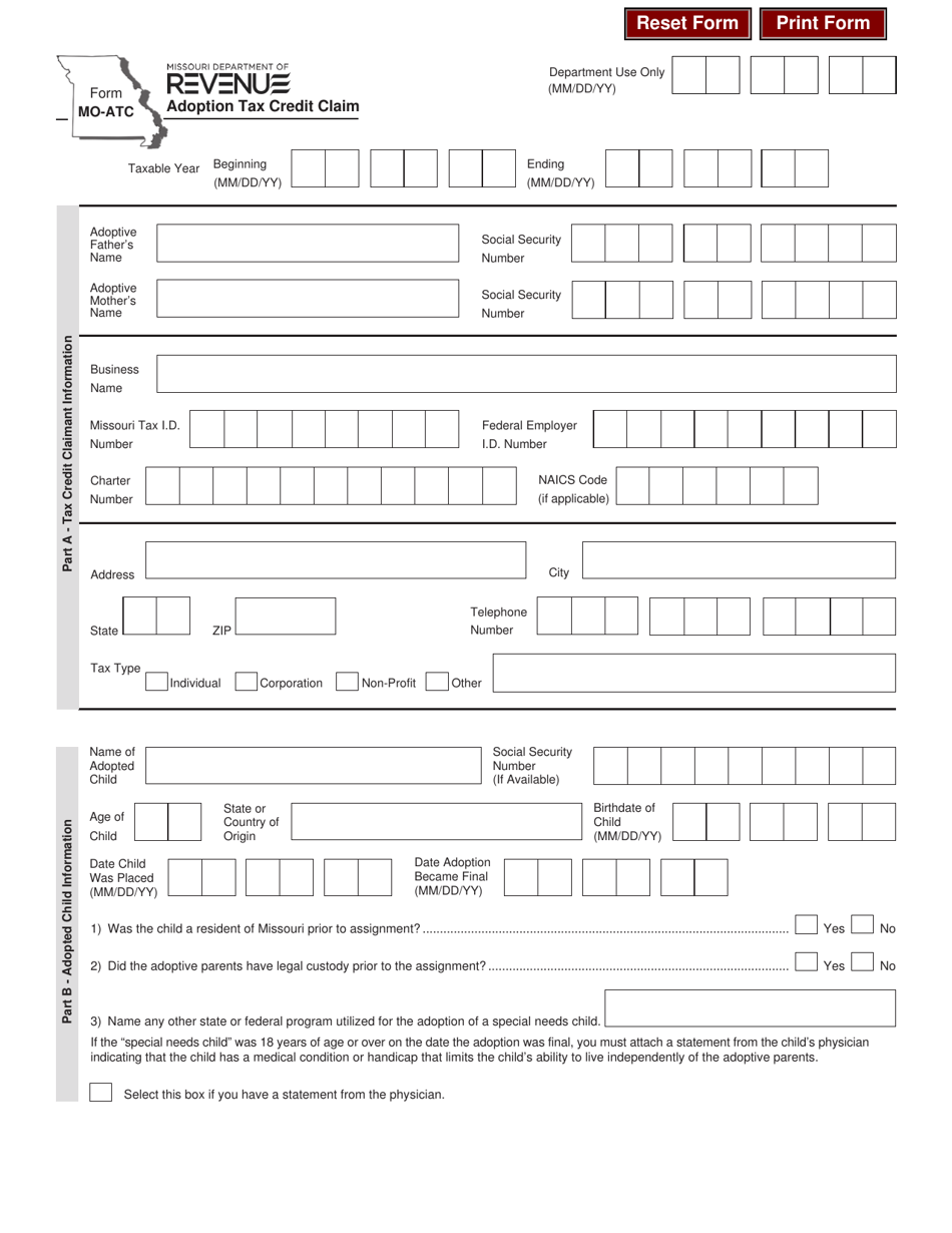 Form MO-ATC Adoption Tax Credit Claim - Missouri, Page 1