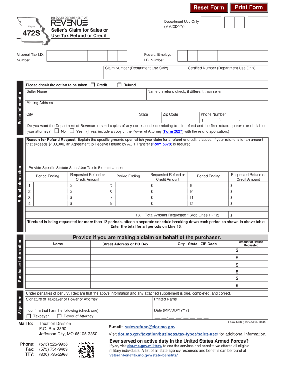Form 472S Sellers Claim for Sales or Use Tax Refund or Credit - Missouri, Page 2