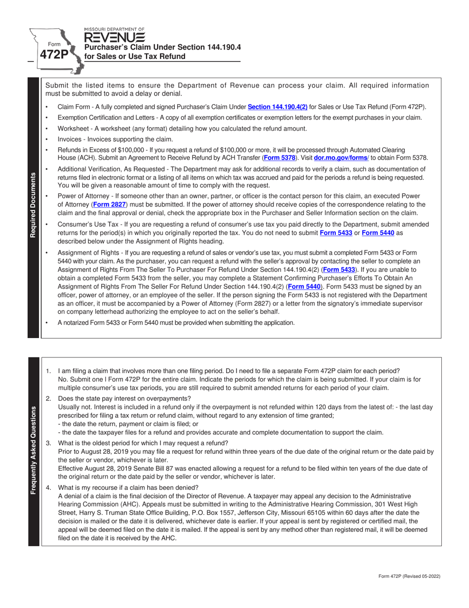 Form 472P Purchasers Claim Under Section 144.190.4 for Sales or Use Tax Refund - Missouri, Page 1