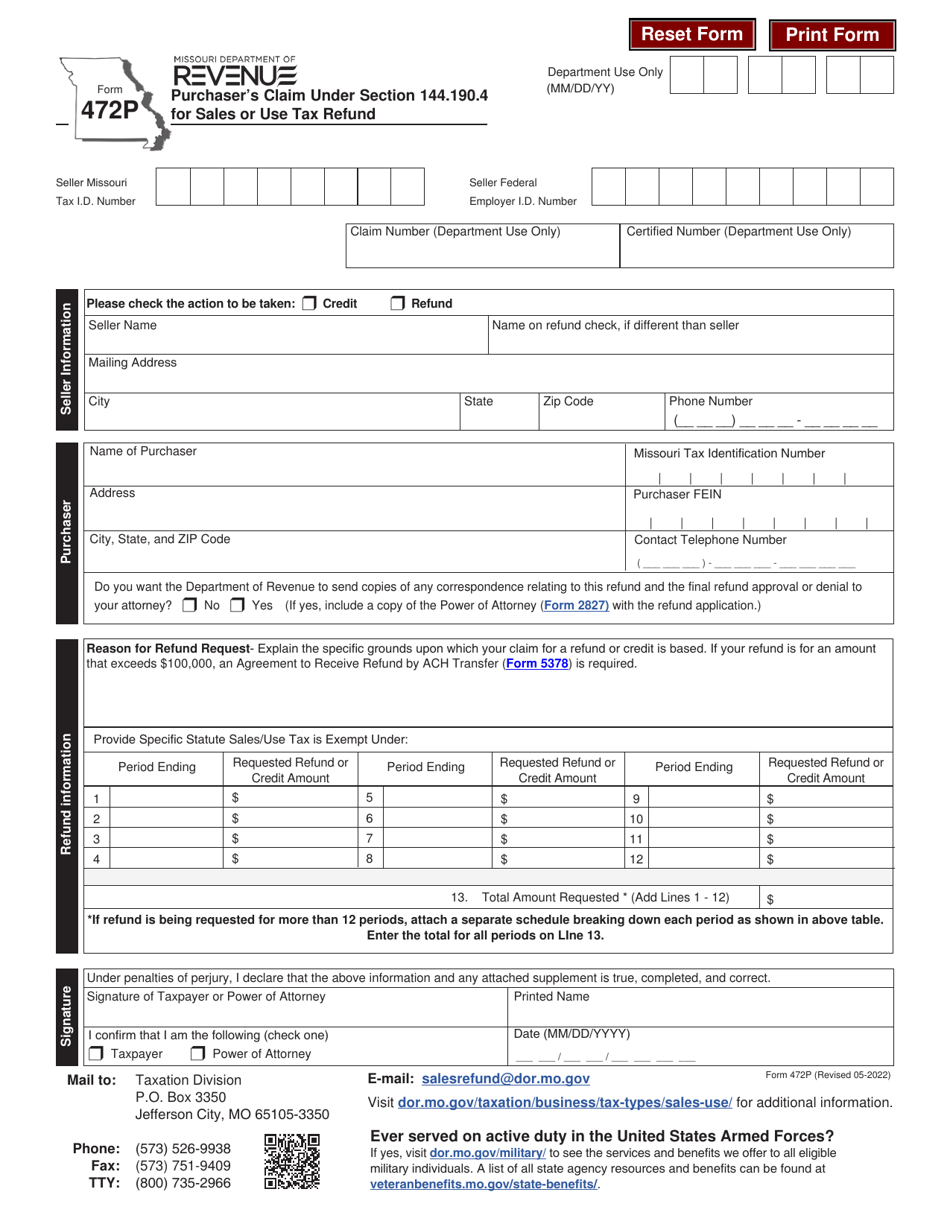 Form 472P Purchasers Claim Under Section 144.190.4 for Sales or Use Tax Refund - Missouri, Page 2