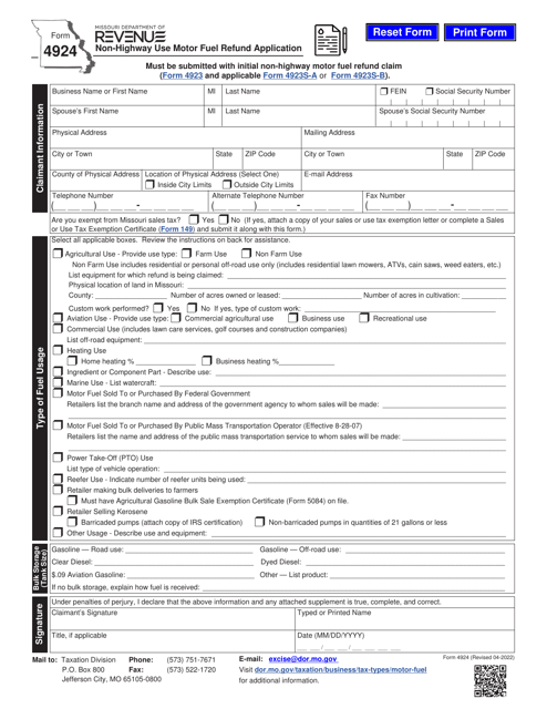 Form 4924 Non-highway Use Motor Fuel Refund Application - Missouri