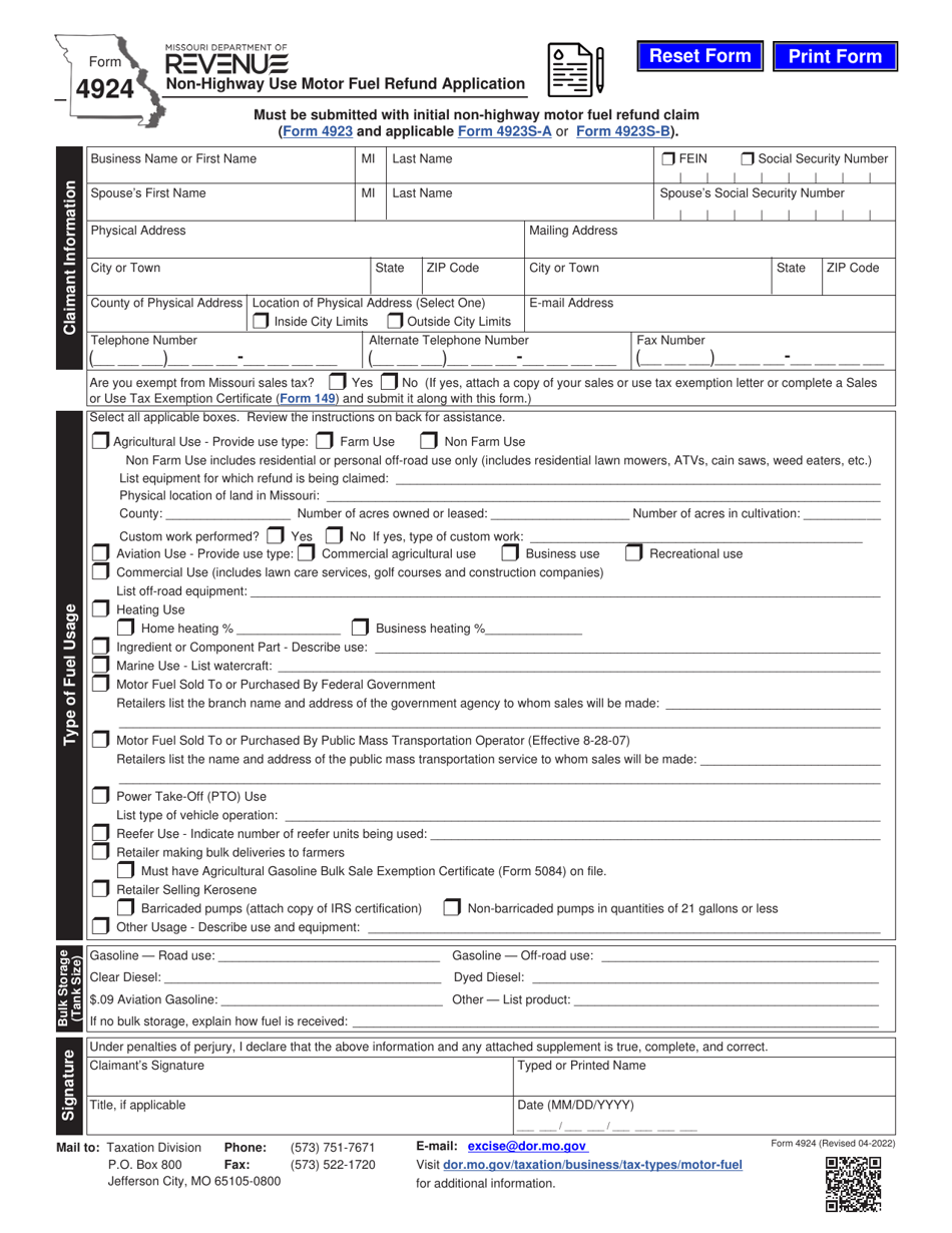 Form 4924 Non-highway Use Motor Fuel Refund Application - Missouri, Page 1