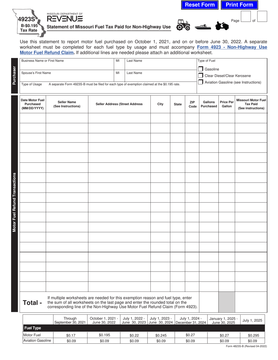Form 4923S-B $0.195 Tax Rate Statement of Missouri Fuel Tax Paid for Non-highway Use - Missouri, Page 1