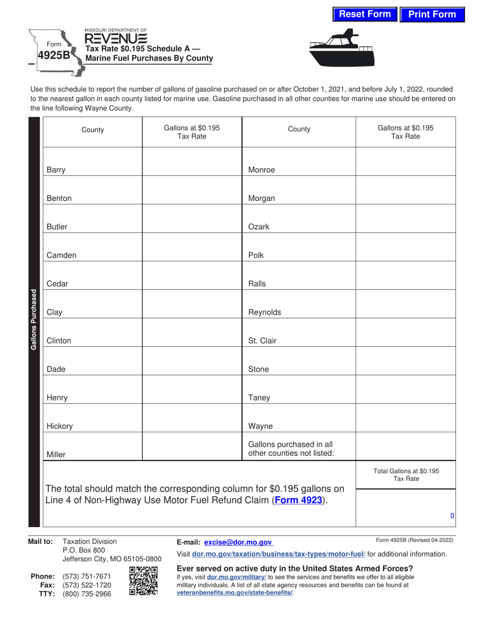 Form 4925B Tax Rate $0.195 Schedule - Marine Fuel Purchases by County - Missouri, Page 1