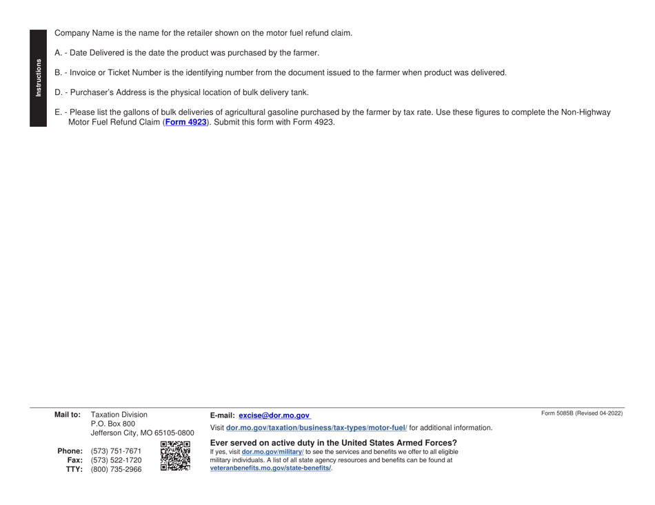Form 5085B Tax Rate $0.195 Bulk Deliveries of Agricultural Gasoline - Missouri, Page 2