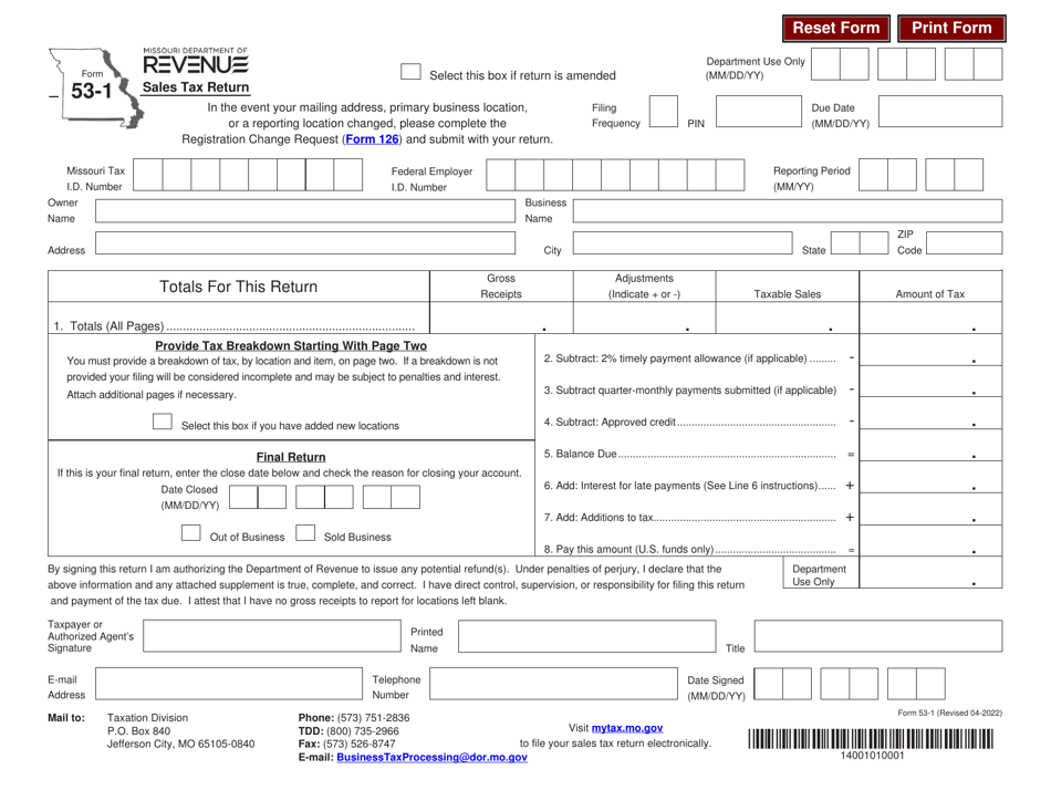 Form 53-1 Sales Tax Return - Missouri, Page 1